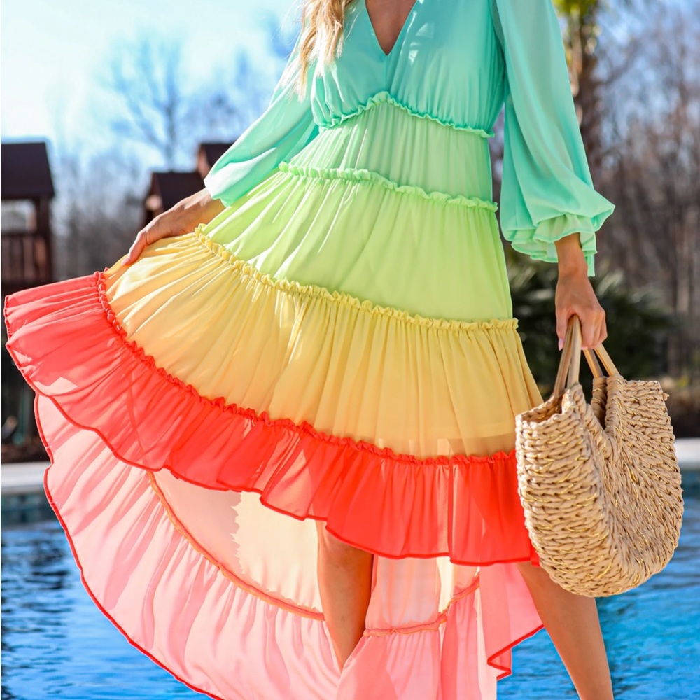 GREEN blue yellow red MULTI color HIGH-LOW DRESS “JUST OWN IT” Xs